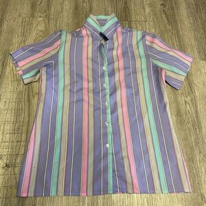 Women’s Vintage Mistique Purple Blue Striped Short Sleeve Button Down
